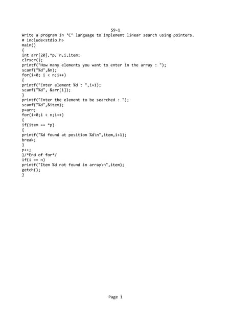 Program in ‘C’ language to implement linear search using pointers | PDF ...