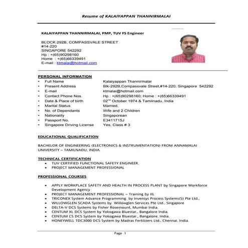 Resume of Kalaiyappan Thannirmalai
