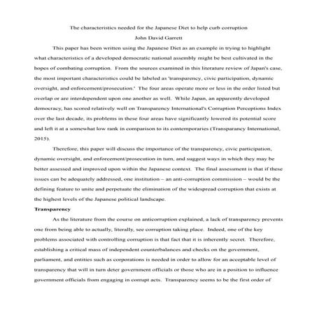 The characteristics needed by the Japanese Diet to help curb corruption