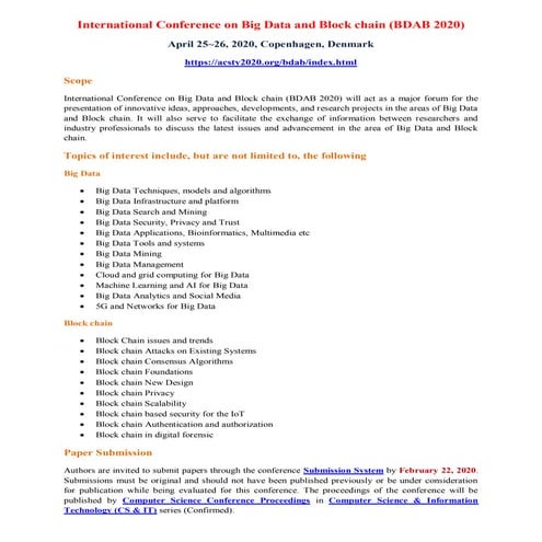 International Conference on Big Data and Block chain (BDAB 2020)