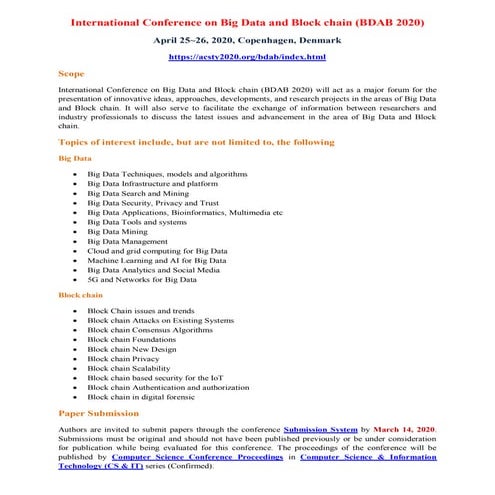 Call for Papers - International Conference on Big Data and Blockchain (BDAB 2...