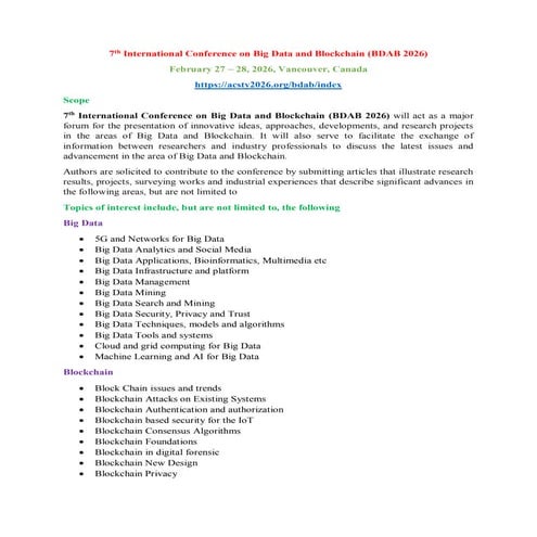 7th International Conference on Big Data and Blockchain (BDAB 2026) | PDF