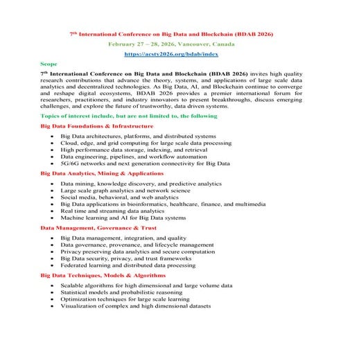7th International Conference on Big Data and Blockchain (BDAB 2026) | PDF