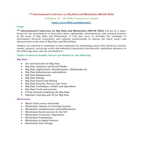 7th International Conference on Big Data and Blockchain (BDAB 2026) | PDF