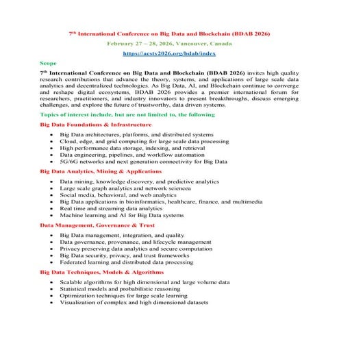 7th International Conference on Big Data and Blockchain (BDAB 2026) | PDF