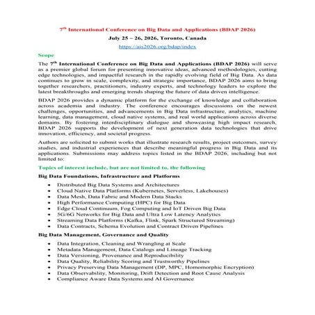 Call for Papers | Big Data, AI & Applications | BDAP 2026 | PDF