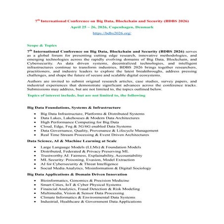 7th International Conference on Big Data and Blockchain (BDAB 2026) | PDF