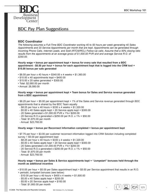car dealership business development center bdc pay plan examples
