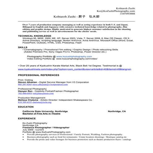 Ko Zushi Photography Resume