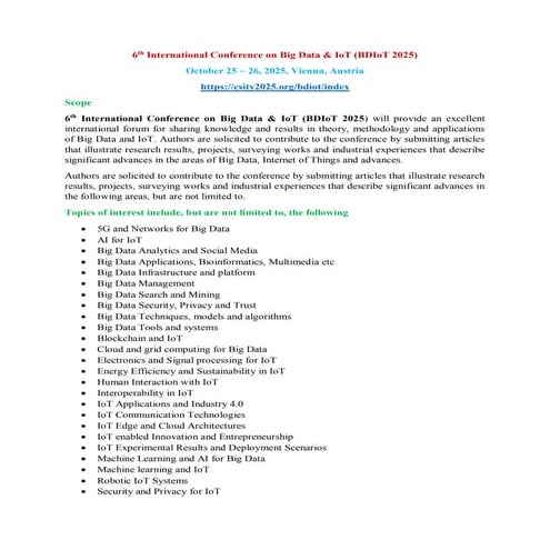 FINAL CALL-6th International Conference on Big Data & IoT (BDIoT 2025)