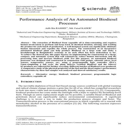 Performance Analysis of An Automated Biodiesel Processor | PDF