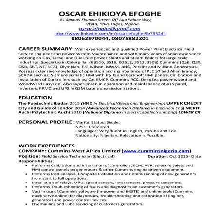 Efoghe Oscar - Genset Electrical & Maint CV