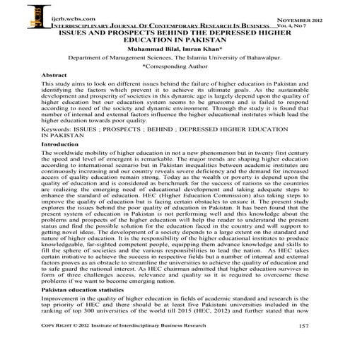 Issues and Prospects behind the depressed higher education in Pakistan