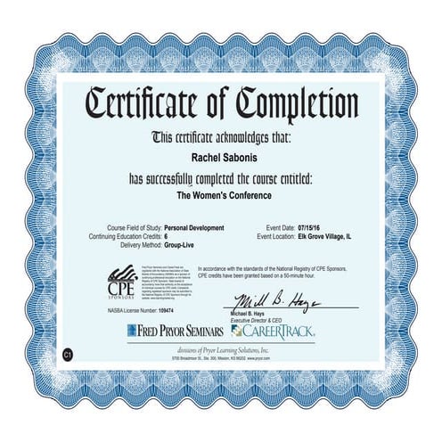 Women's Conference Fred Pryor Certificate