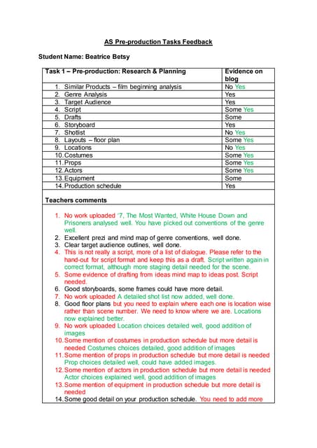Aaron Cork As Pre Production Tasks Feedback Sheet Pdf