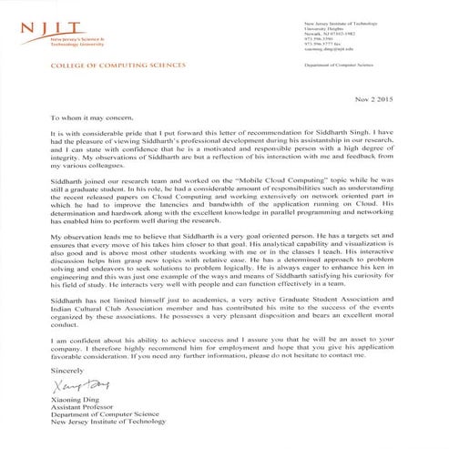Siddharth Singh Letter of Recommendation | PDF