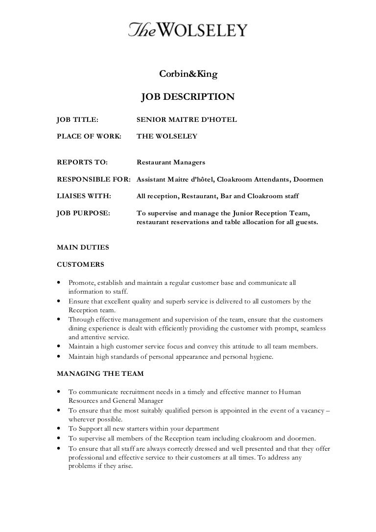 Senior Maitre D'Hotel