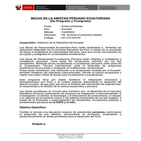 Becas de la amistad peruano ecuatoriana pregrado y postgrado 27 07-2011 ...