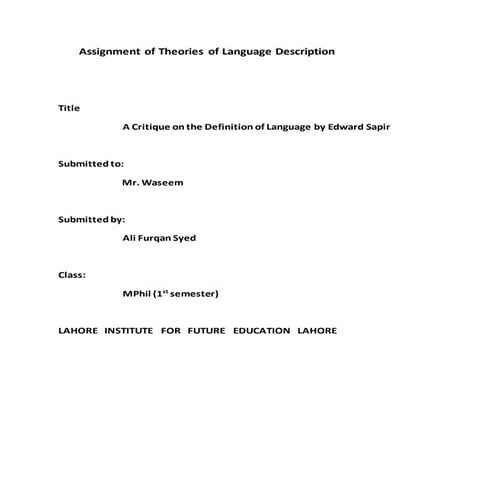 Assignment on Sapirz definitaion of language