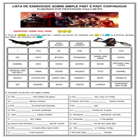 Lista de Exercícios sobre o Simple Past e Past Continuous