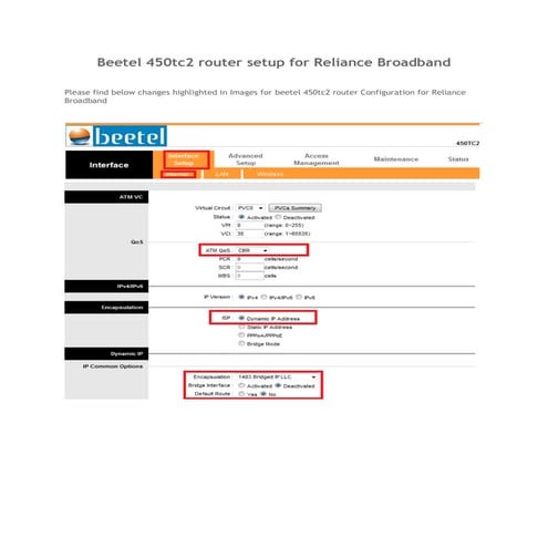 Beetel 450tc2 router setup for reliance broadband