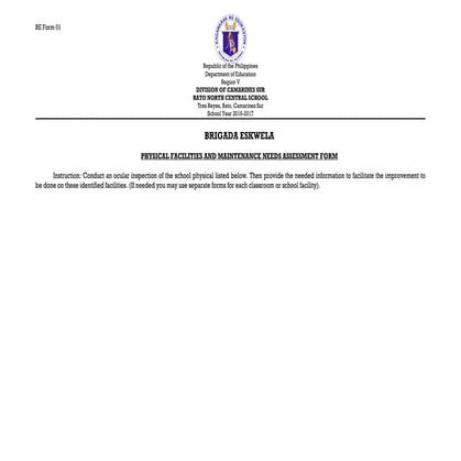 Brigada Eskwela -Form 1 PHYSICAL FACILITIES AND MAINTENANCE NEEDS ...