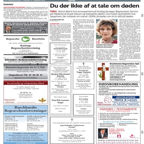 Begravelses Service, "Du dør ikke af at tale om døden", Amager Bladet