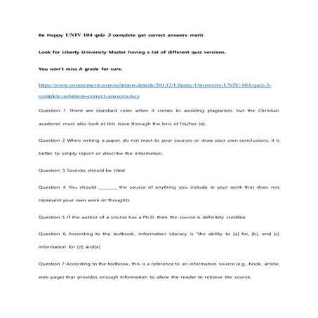 Be happy univ 104 quiz 3 complete get correct answers merit