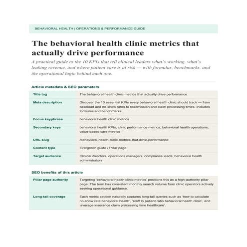 Behavioral Health Clinic Metrics That Drive Performance and Revenue | PDF