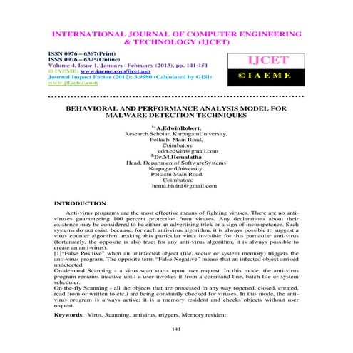 Behavioral and performance analysis model for malware detection techniques