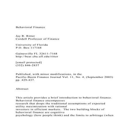 Behavioral Finance  Jay R. Ritter Cordell Professor .docx