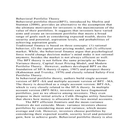 Behavioral Portfolio TheoryBehavioral portfolio theory(BPT), int.docx