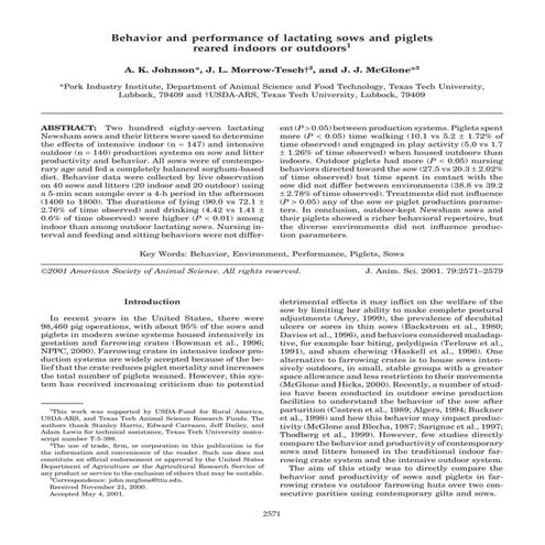 Behavior and performance of lactating sows and pigletsreared indoors or outdoors