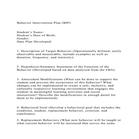 Behavior Intervention Plan (BIP)Student’s Name  Student.docx