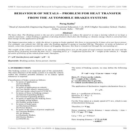 Behaviour of metals – problem for heat transfer from the automobile brakes sy...