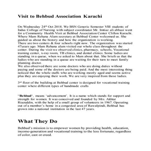 report of visit to Behbud association center Karachi  by Maghan Das