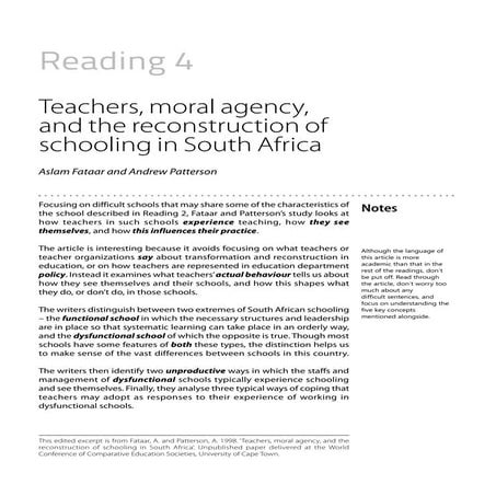 Being a Teacher: Reading 4. Teachers, Moral Agency, and the Reconstruction of...