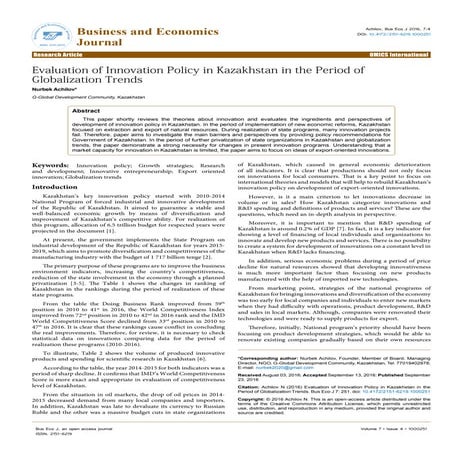 Evaluation of innovation policy in Kazakhstan in the period of globalization ...