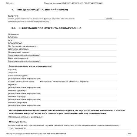 Белава. Э-декларация за 2016