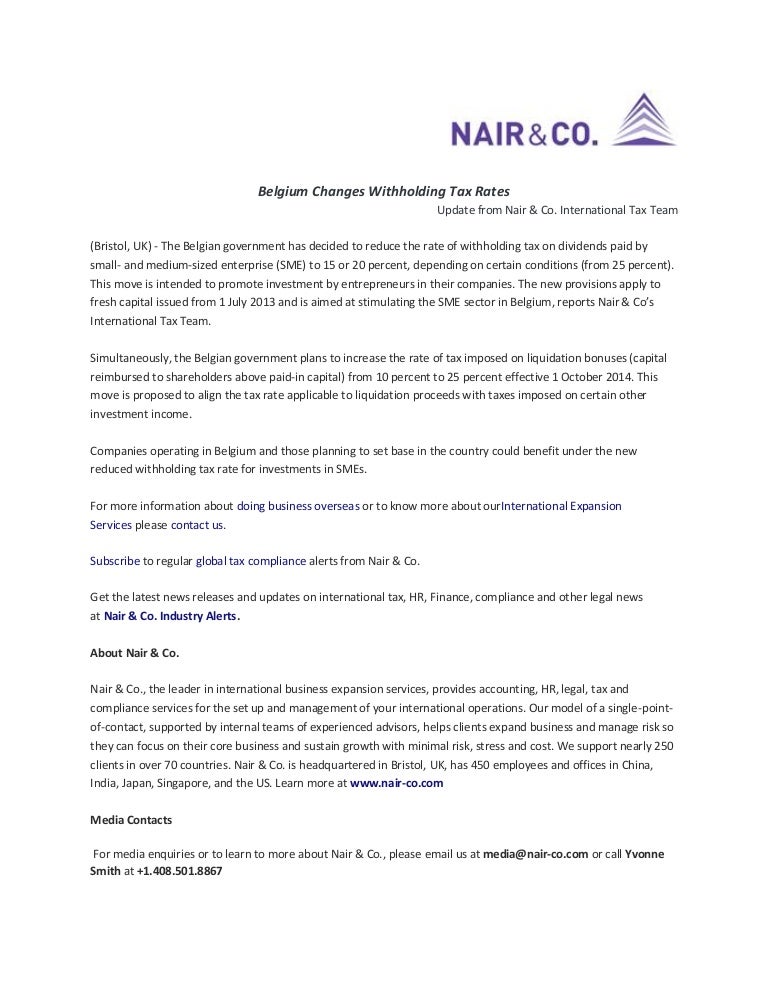 Belgium Changes Withholding Tax Rates