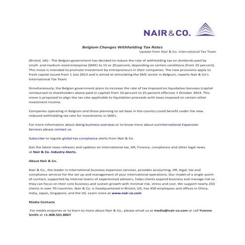 Belgium Changes Withholding Tax Rates