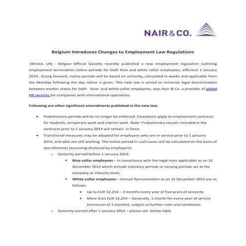 Belgium Introduces Changes to Employment Law Regulations