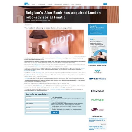 Belgiums Aion bank has acquired London robo advisor ETFmatic