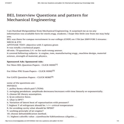 Bel interview questions and pattern for mechanical engineering   knowledge adda