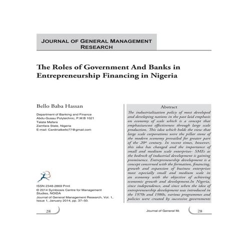 The Roles of Government And Banks in Entrepreneurship Financing in Nigeria