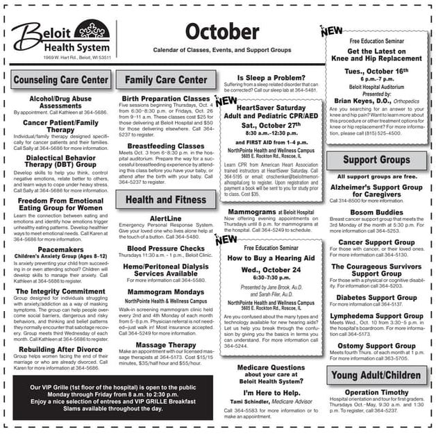 Beloit health system class calendar for october