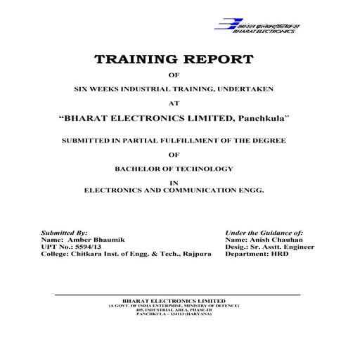 Bharat Electronics Limited (BEL) : Training Report