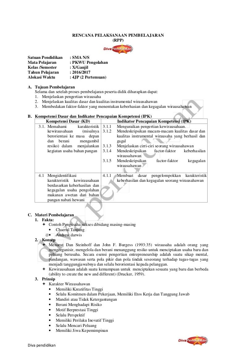 rpp revisi 2016 pkwu pengolahan x rpp diva pendidikan