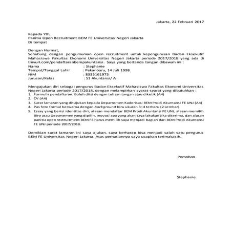Contoh Surat lamaran untuk BEM akuntansi UNJ 