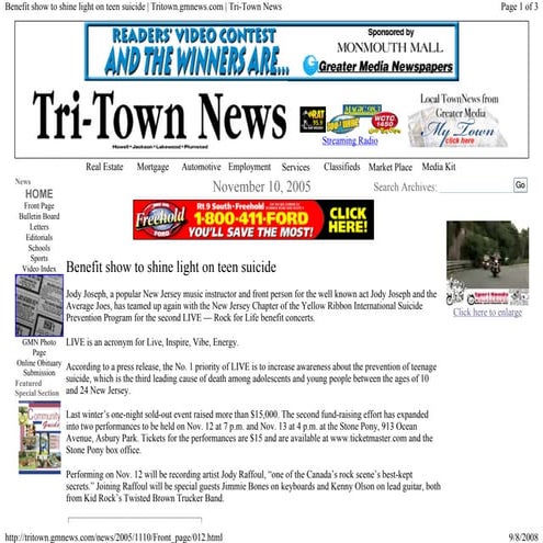 Press Placement; Tri-Town News (Benefit Concert to Shine Light on Teen Suicide) 